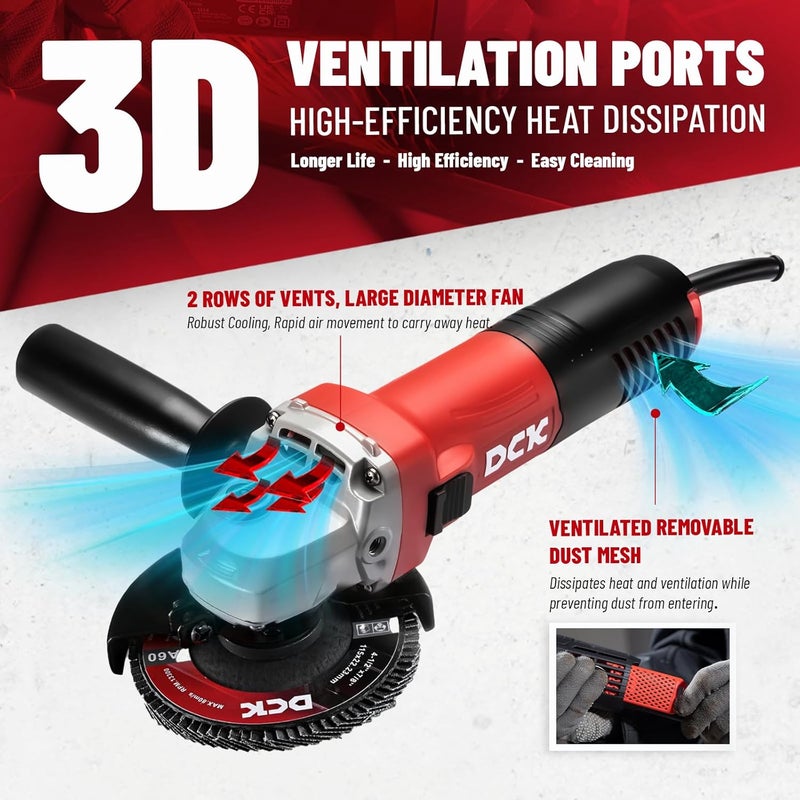 DCK Angle Grinder, 4-1/2-Inch, 6.7Amp Cut off Tool Grinder, 11,800 RPM with 2 Safety Guards, 6-Piece Discs (2 Cutting/2 Grinding/2 Flap Discs), Professional Angle Grinder for Metal, Wood (KSM09-115S） - Image 4